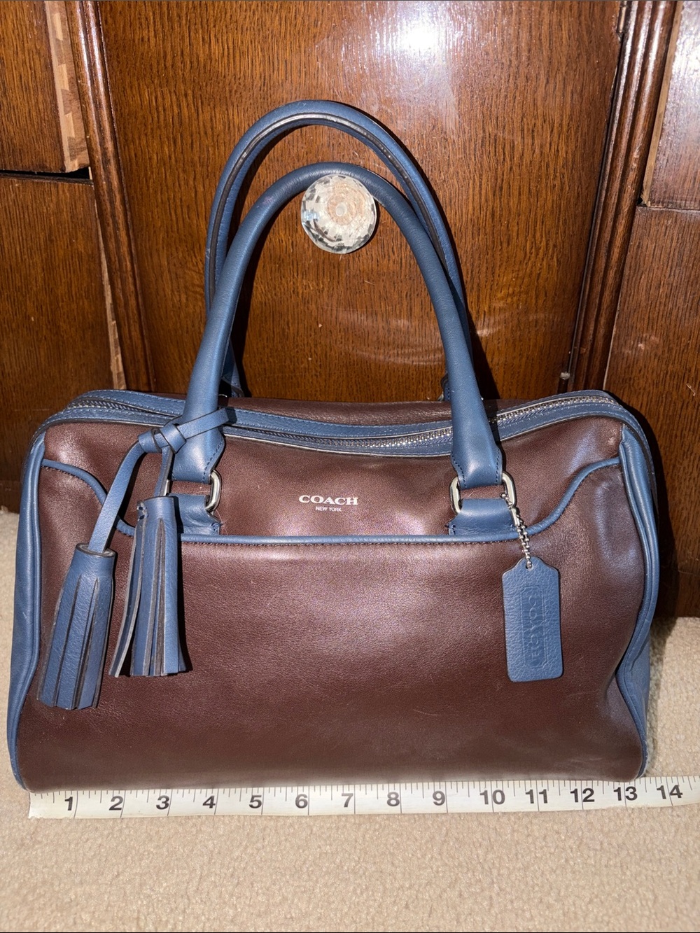 Coach Brown Leather Satchel with Blue Trim